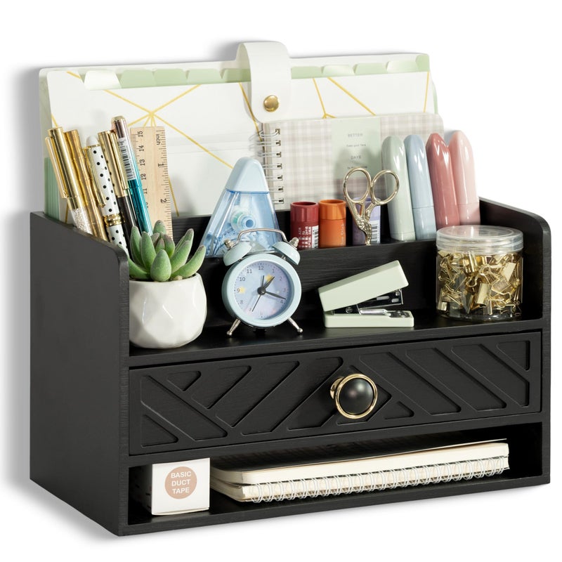 dreampossible Black Wood Desk Organizer and Accessories with Drawer  Bill Mail Organizer and File Mail Holder for Office Supplies  Desk Accessories & Workspace Organizers for Desk Organization - Image 1